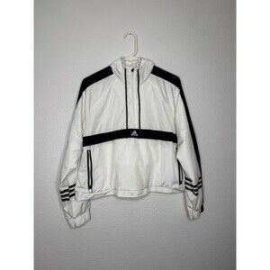 Adidas Cropped Windbreaker Zip Hooded Jacket Size L Women’s White Black Pullover